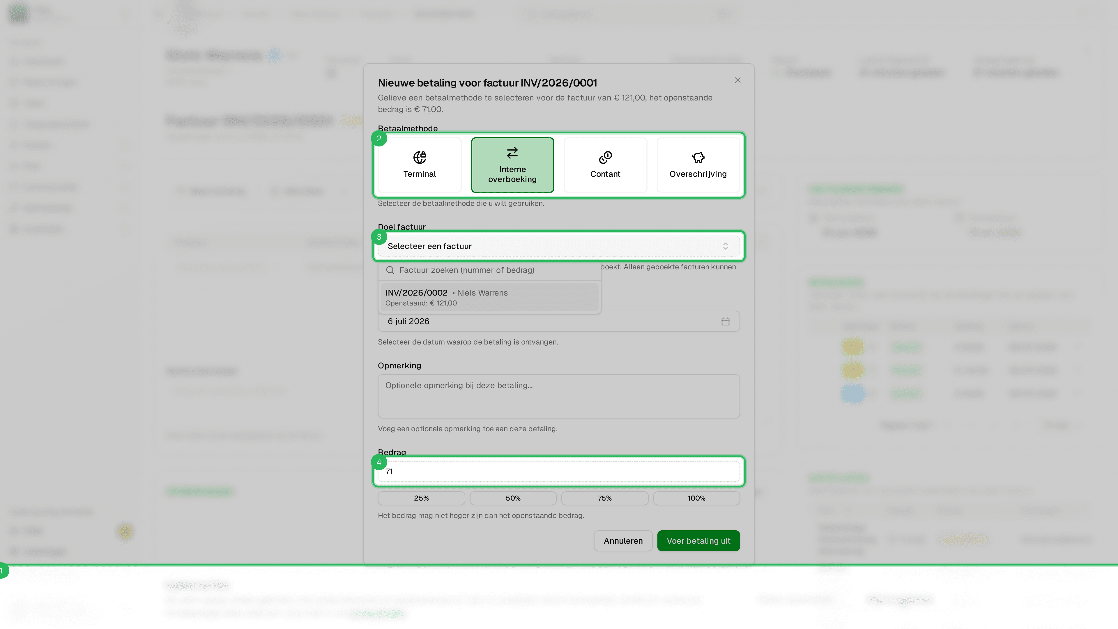 Betaaldialoog - Interne overboeking met doelfactuur dropdown open