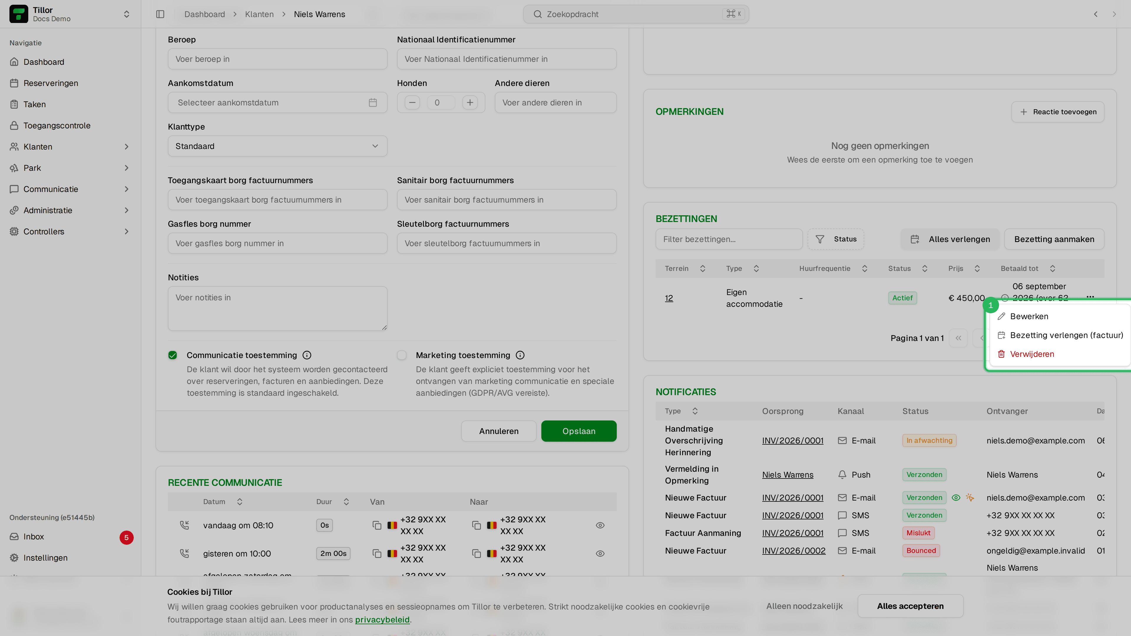 Bezetting actiemenu - Bewerken, Verlengen, Verwijderen