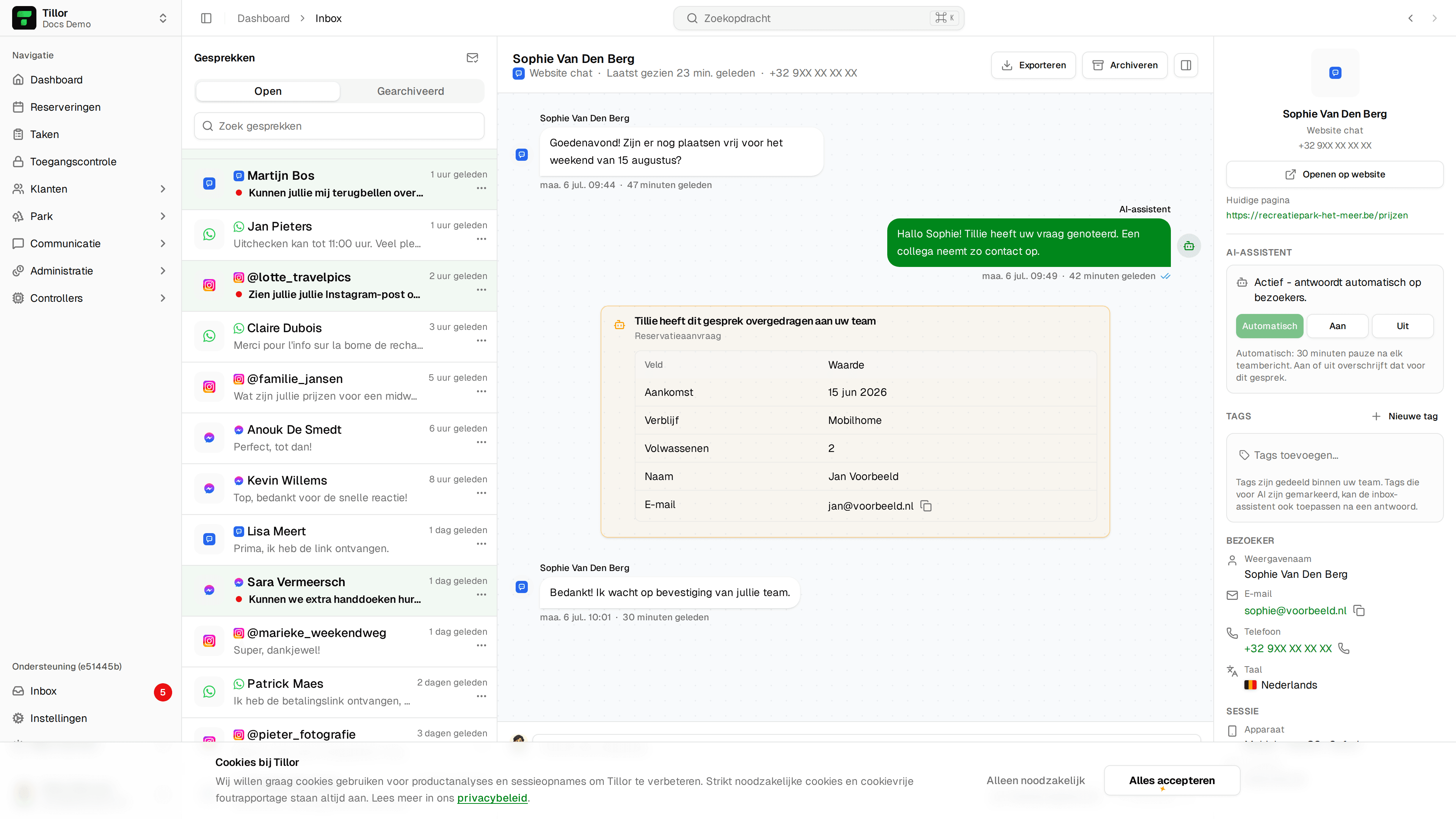 Inbox - website chat met AI-overdracht en gespreksdetails
