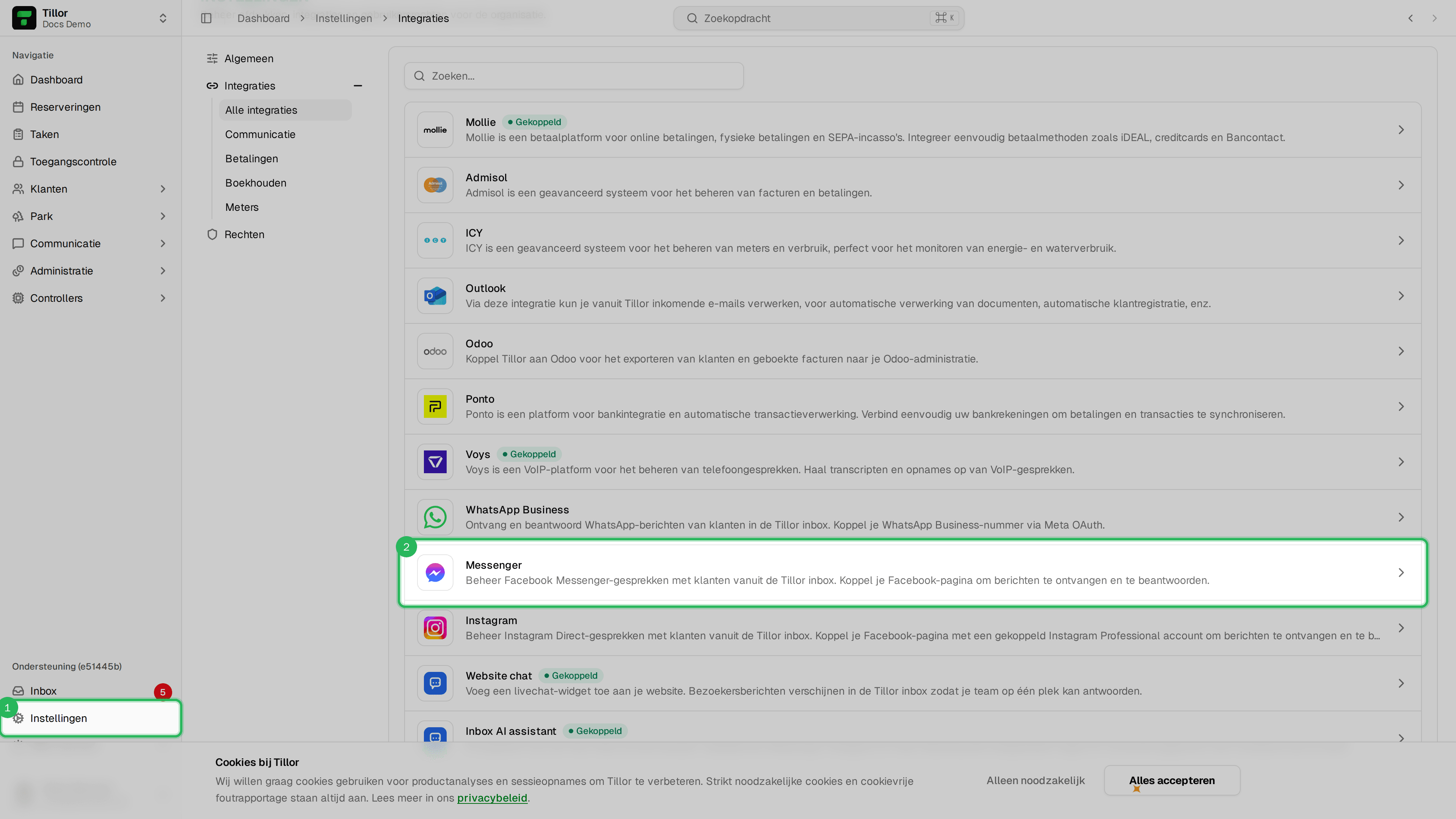Instellingen > Integraties - Messenger in de lijst