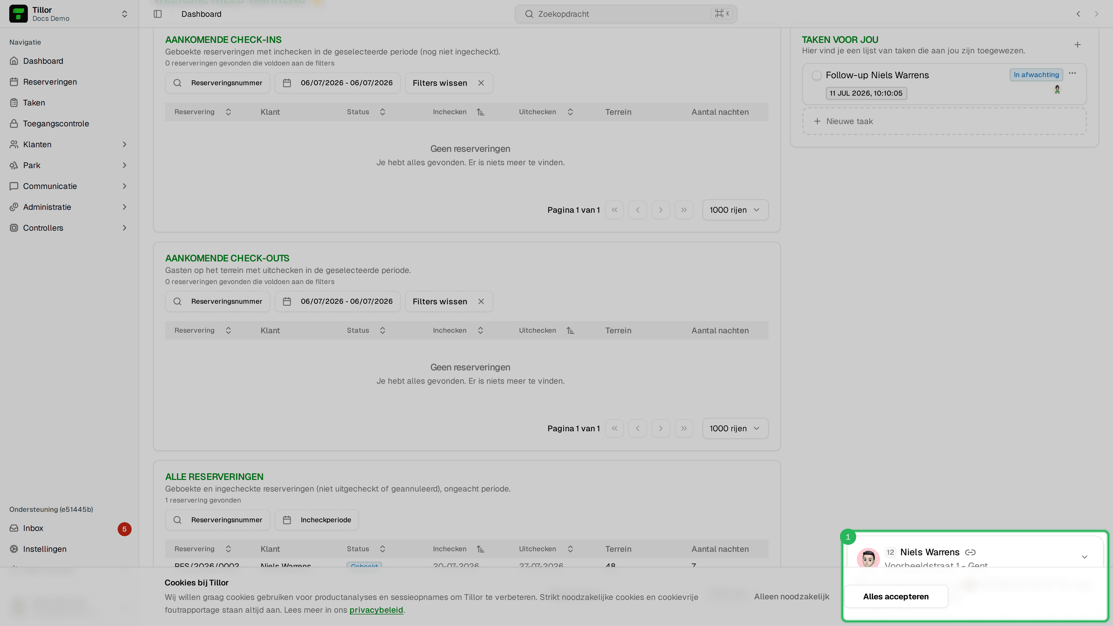 Inkomend gesprek op het dashboard