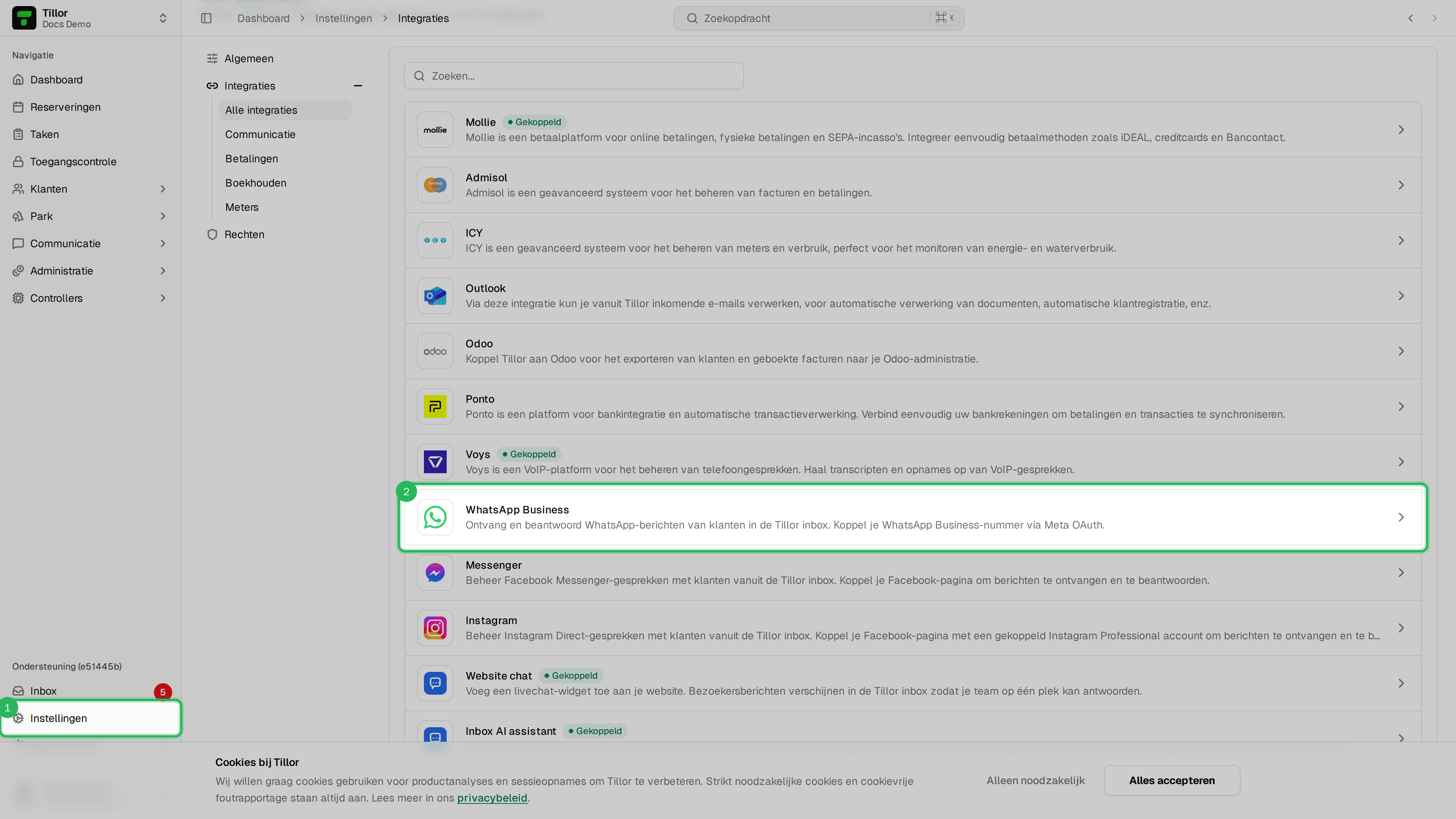 Instellingen > Integraties - WhatsApp Business in de lijst