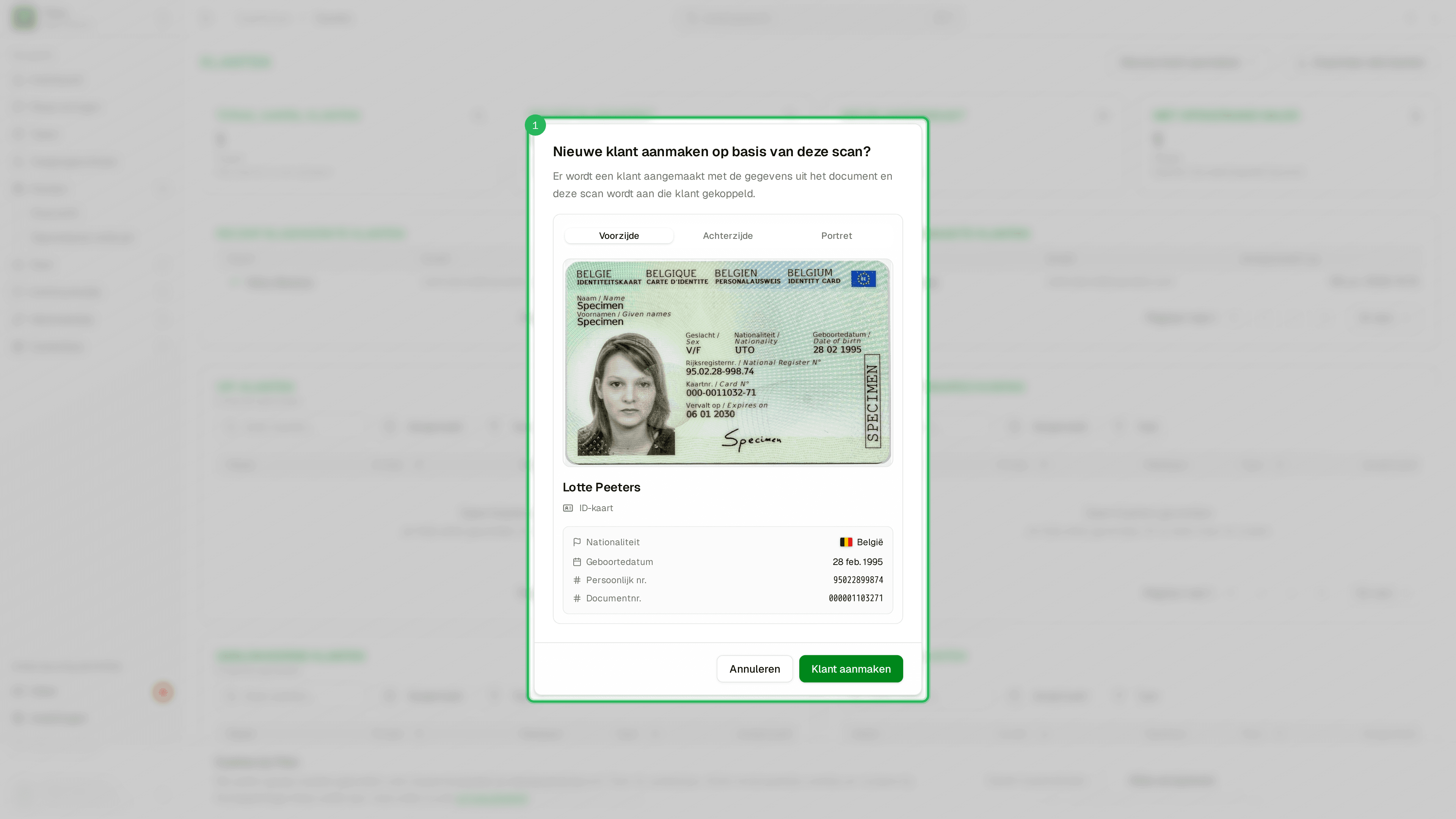 Bevestiging na keuze openstaande ID-scan - documentvoorbeeld en MRZ