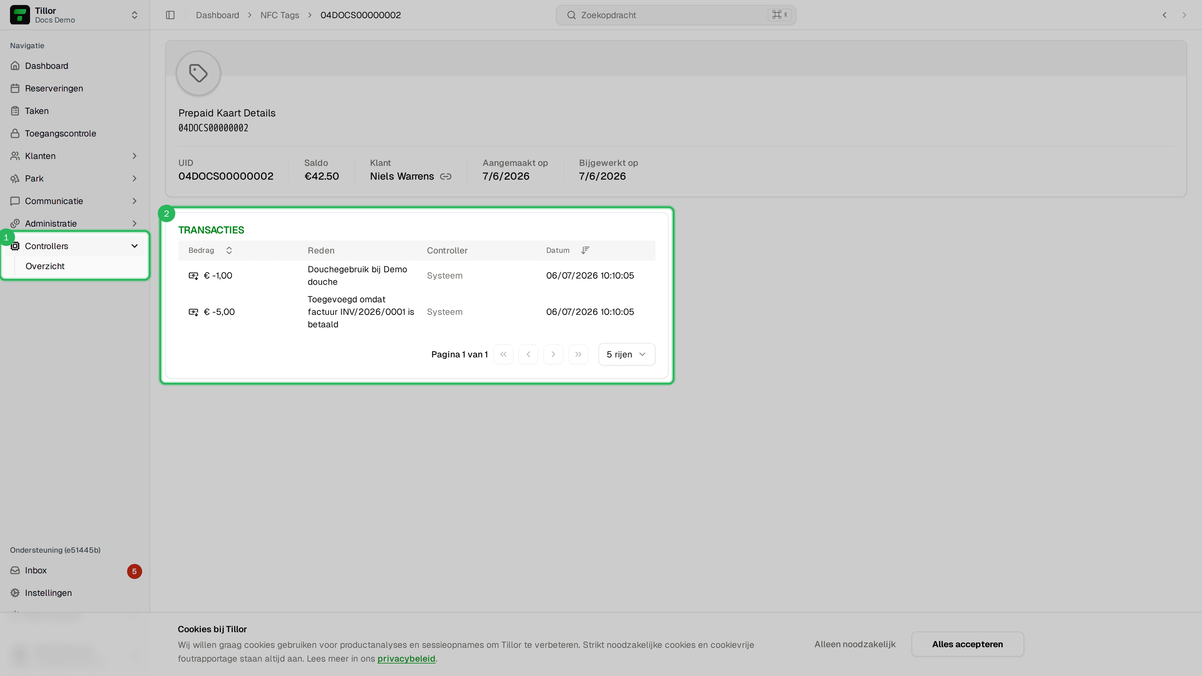 NFC-tag detail met transacties