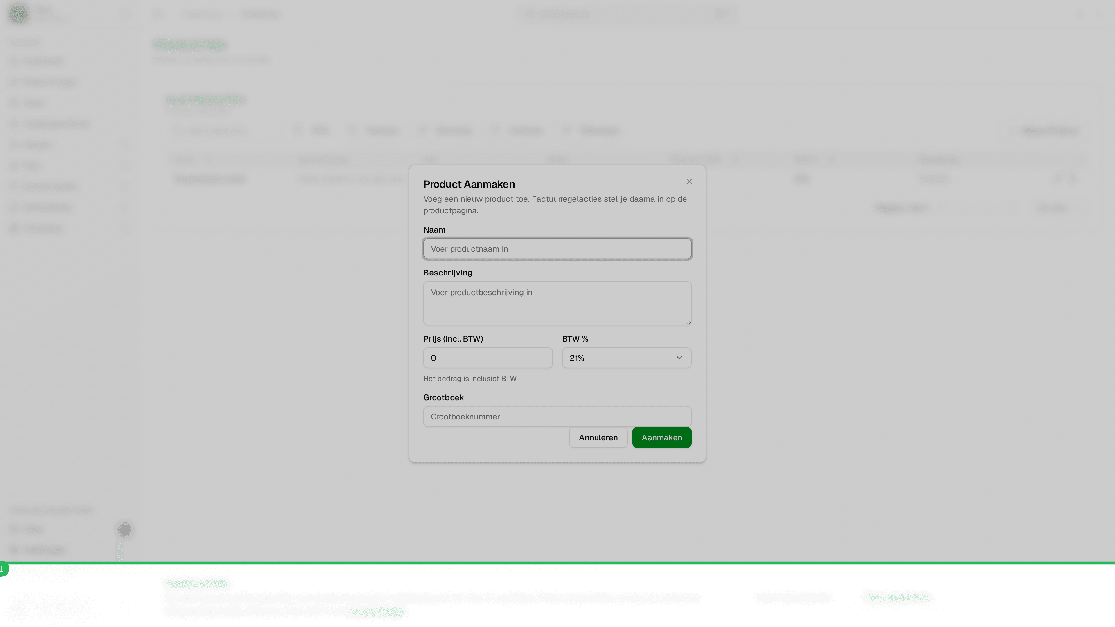 Dialoog Product aanmaken met basisvelden