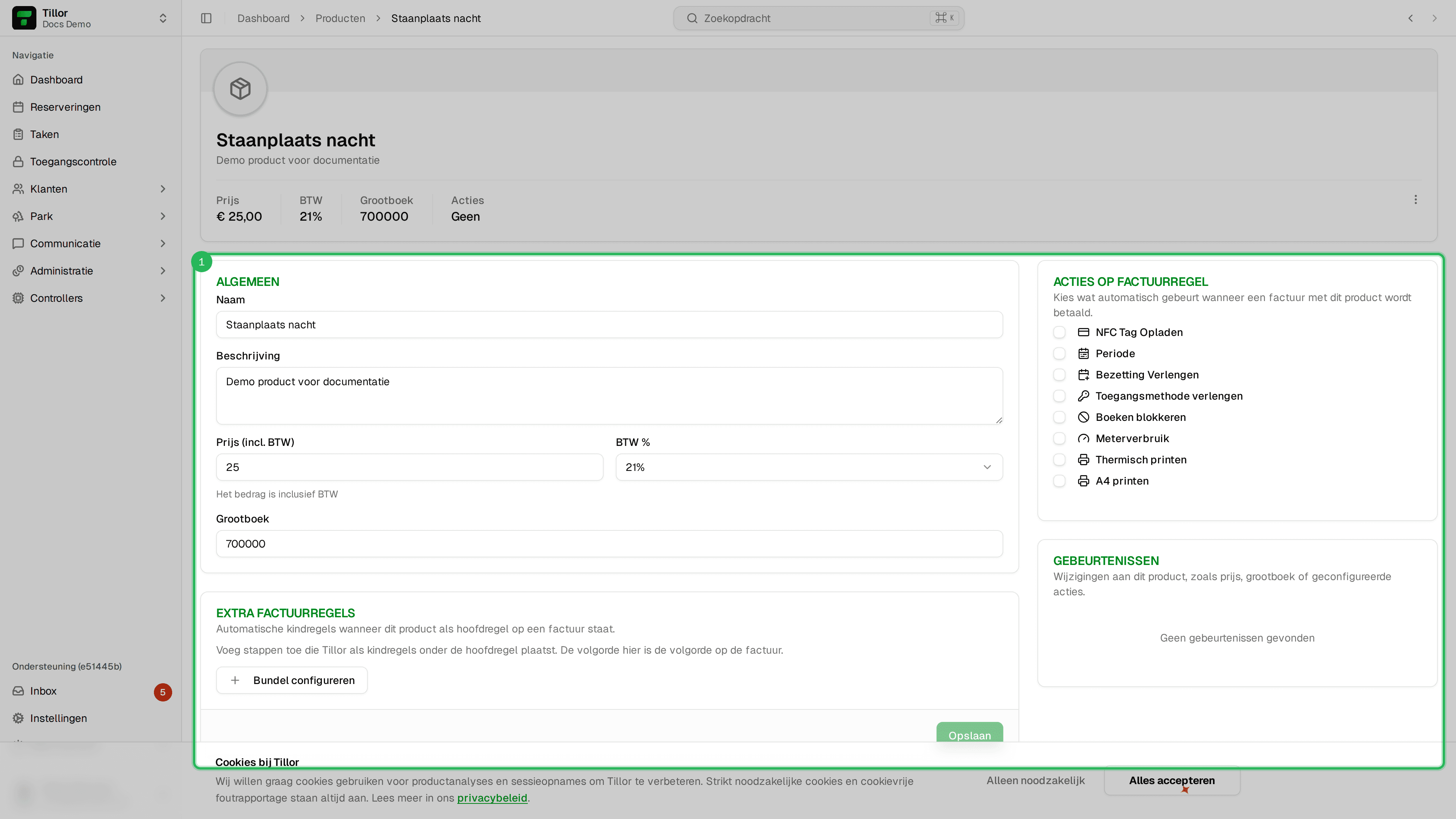 Productdetailpagina met Algemeen, Extra factuurregels, Acties op factuurregel en Gebeurtenissen