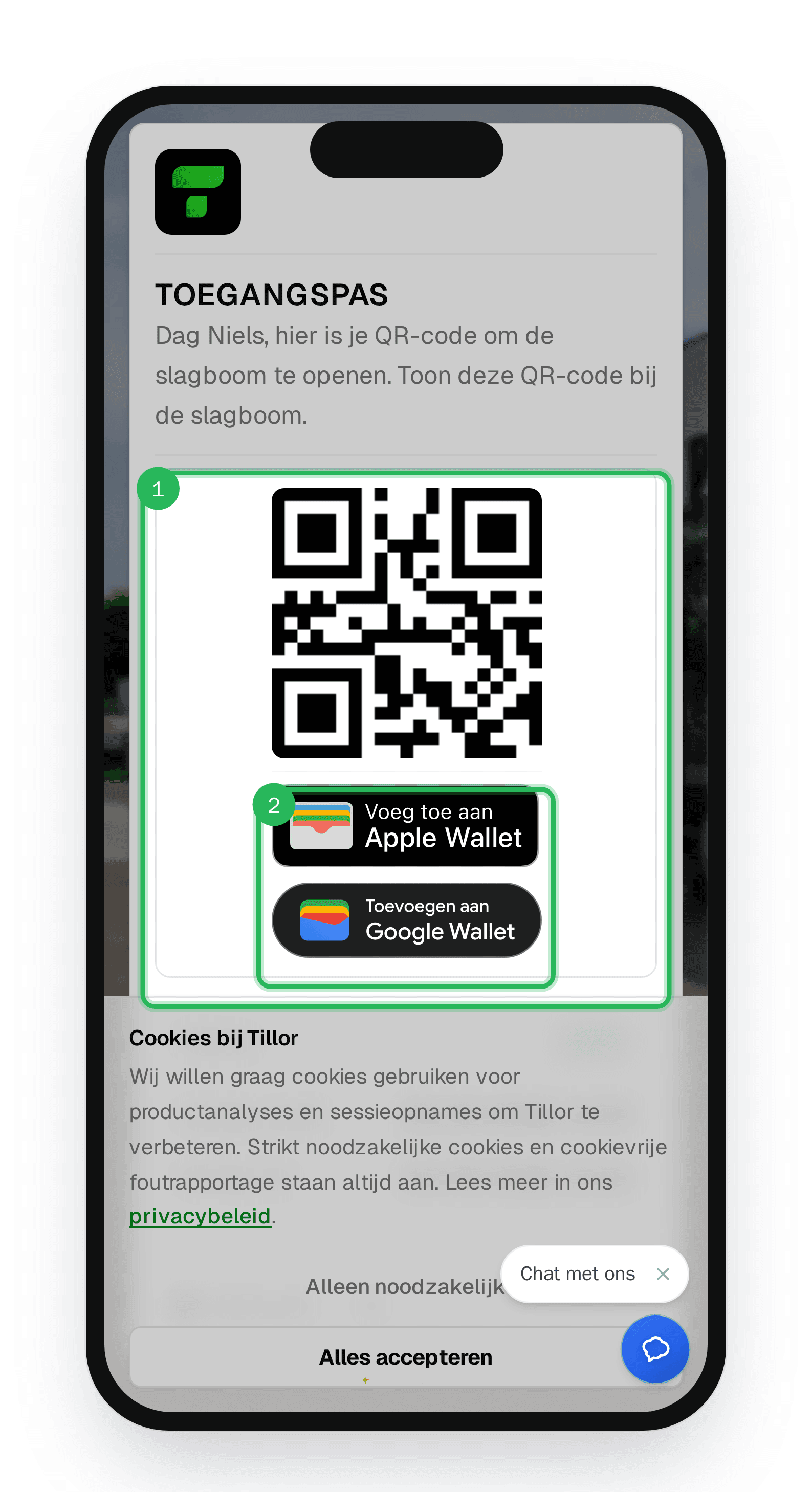 Gastpagina Toegangspas met QR-code, Voeg toe aan Apple Wallet en Toevoegen aan Google Wallet