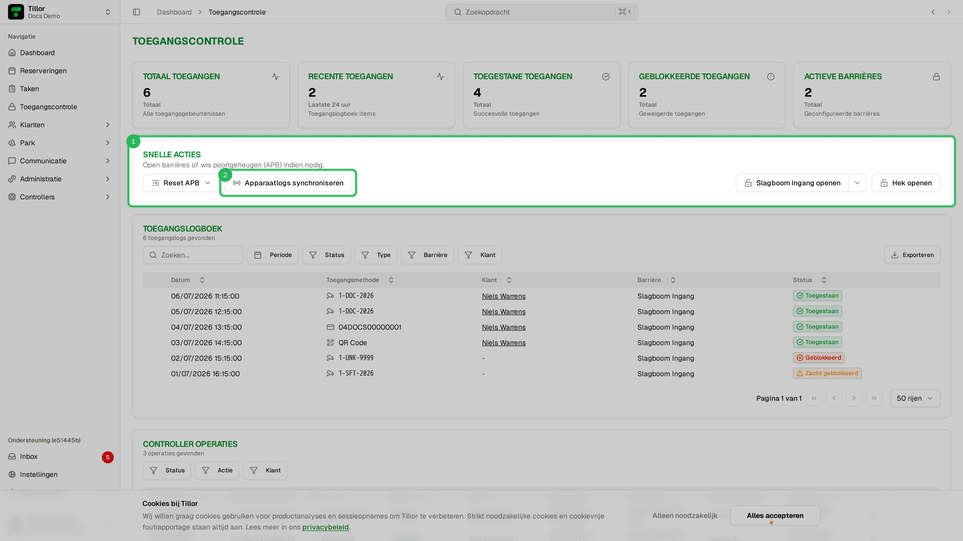 Snelle acties - barrières en Apparaatlogs synchroniseren